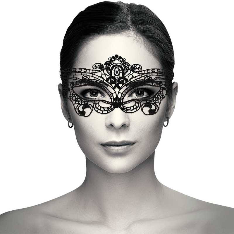 Coquette Chic Desire Máscara de Renda Fina Preta Sensual, detalhe da textura e design elegante.