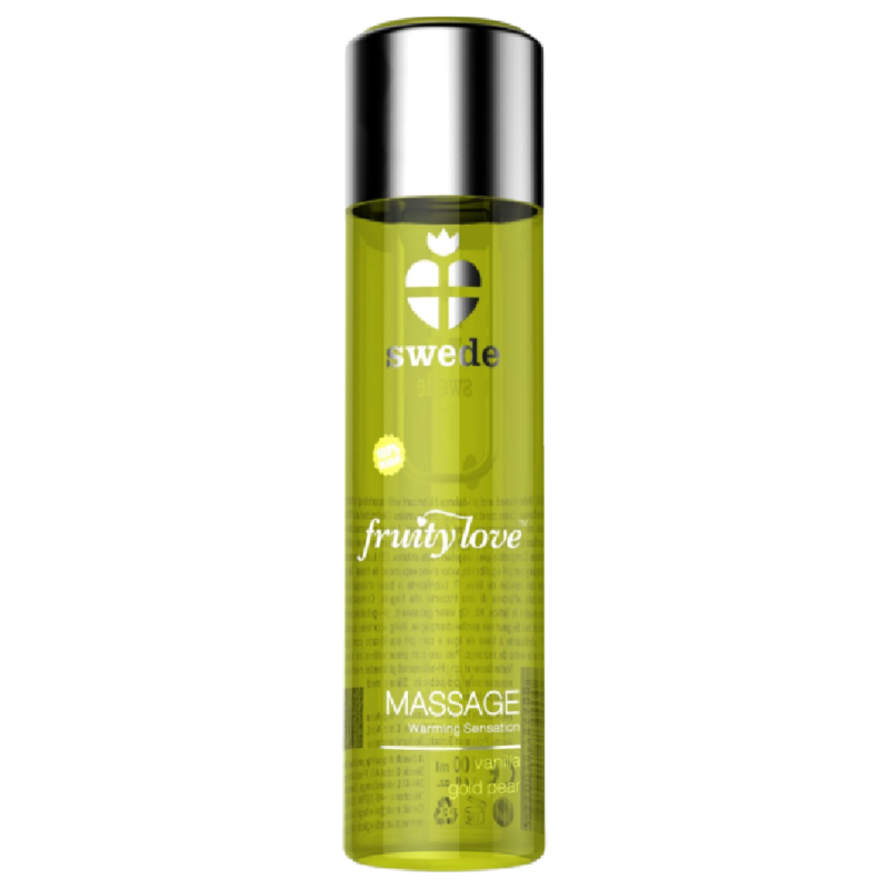SUECO - ACEITE DE MASAJE FRUITY LOVE CON EFECTO CALOR, VAINILLA Y PERA DORADA, 120 ML
