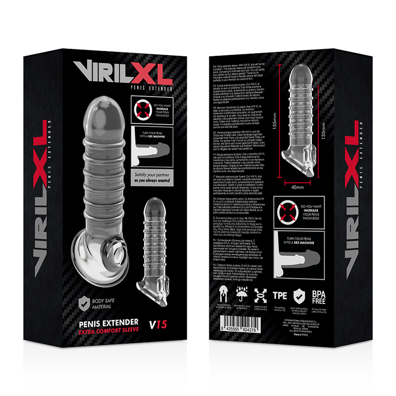VIRILXL Extensão Peniana V15 Transparente, mostrando sua forma ergonômica e material macio