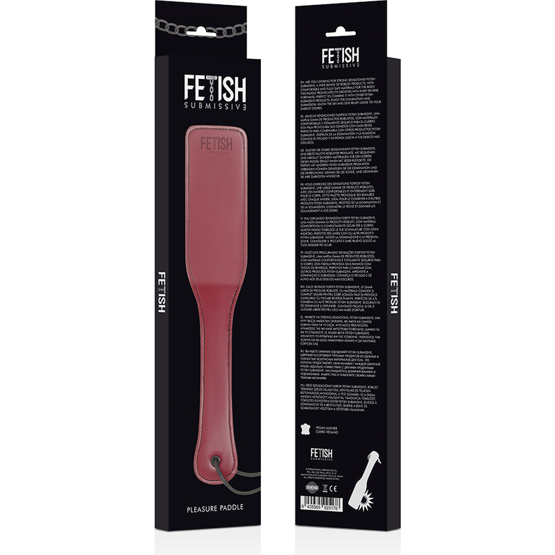 Chicote de couro vegano FETISH SUBMISSIVE para jogos BDSM, exibindo detalhes do material e design.
