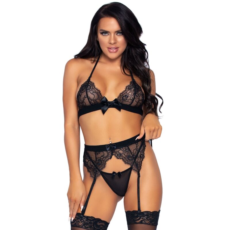Conjunto de lingerie LEG AVENUE de 3 peças em renda com top, cinta-liga e fio dental, tamanho L.