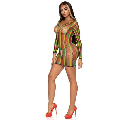 Mini Vestido Rasta Tamanho Único Leg Avenue, exibindo o design vibrante e o tecido elástico.