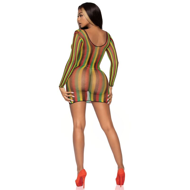 Mini Vestido Rasta Tamanho Único Leg Avenue, exibindo o design vibrante e o tecido elástico.