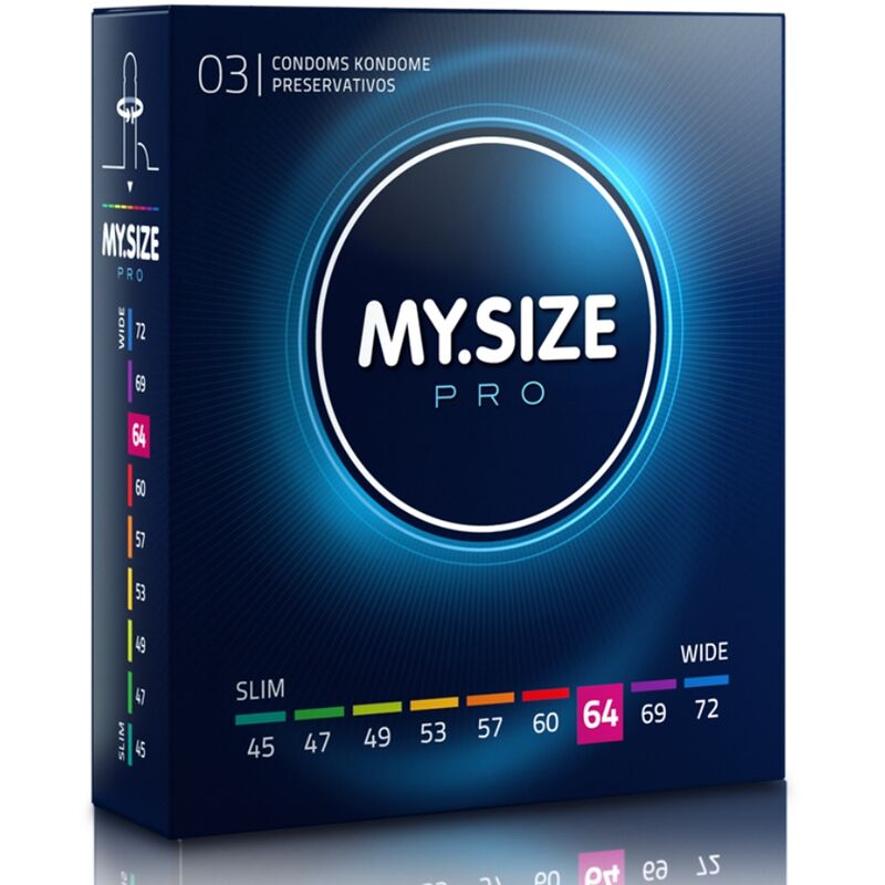 Close-up of the MY. SIZE PRO Preservativos 64mm - Embalagem 3 Unidades, highlighting its packaging and quality.