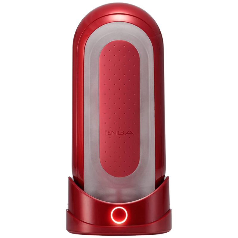 Tenga Flip 0 Zero Vermelho com Aquecedor, masturbador masculino premium, close-up dos detalhes e design rebatível.