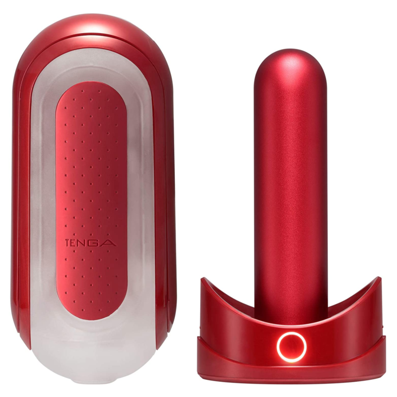Tenga Flip 0 Zero Vermelho com Aquecedor, masturbador masculino premium, close-up dos detalhes e design rebatível.