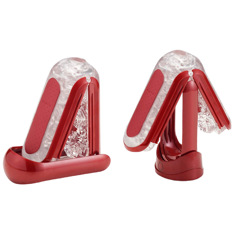 Tenga Flip 0 Zero Vermelho com Aquecedor, masturbador masculino premium, close-up dos detalhes e design rebatível.