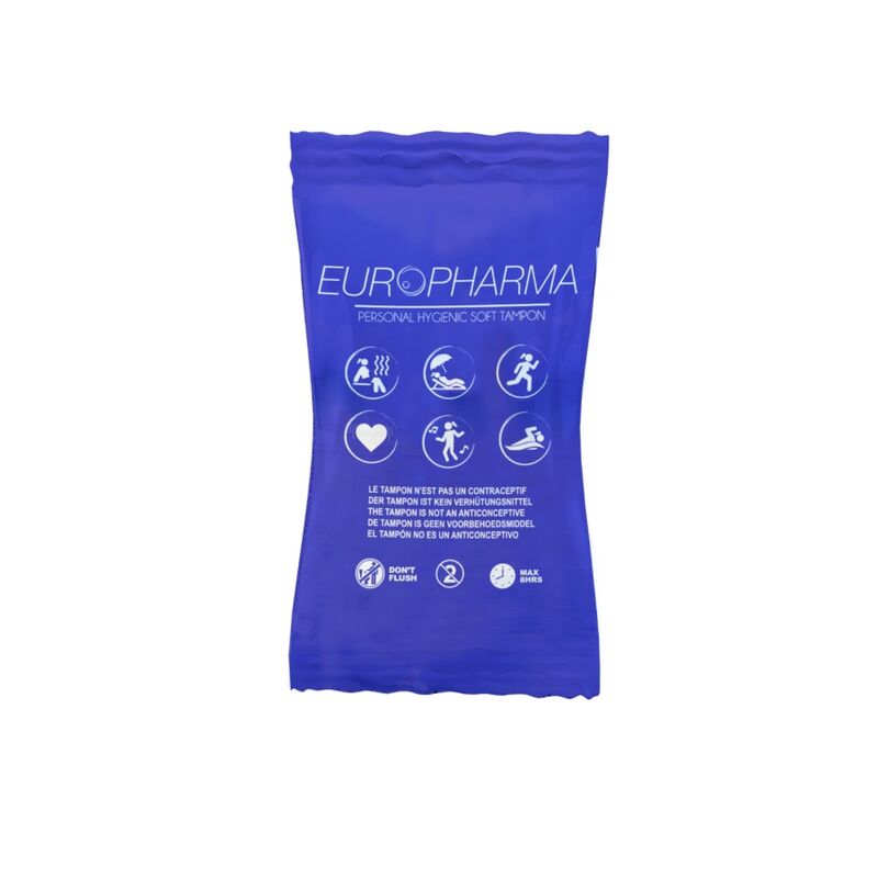 Tampões de Ação Sem Fio EUROPHARMA para liberdade e discrição durante a menstruação, caixa com 6 unidades.