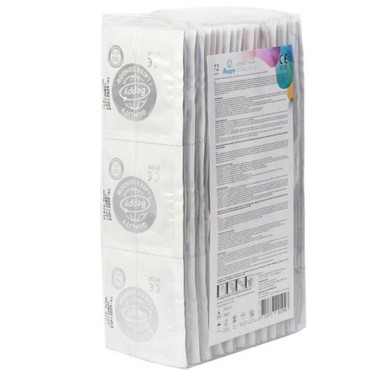 Embalagem de preservativos BEPPY Naturais de Alta Qualidade 72 Unidades, destacando a marca e a quantidade.