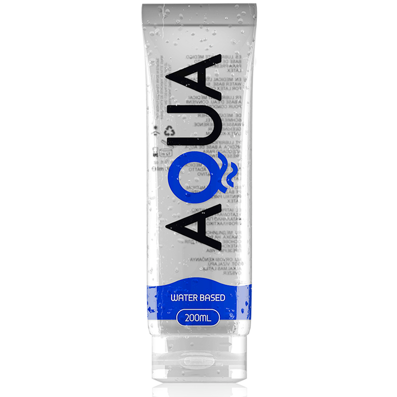 Close-up do lubrificante AQUA QUALITY à base de água 200 ML, mostrando a embalagem transparente e a textura suave do produto.