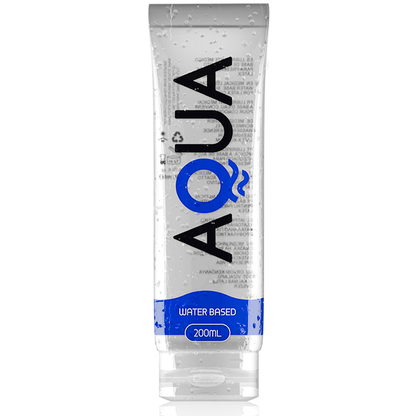 Close-up do lubrificante AQUA QUALITY à base de água 200 ML, mostrando a embalagem transparente e a textura suave do produto.
