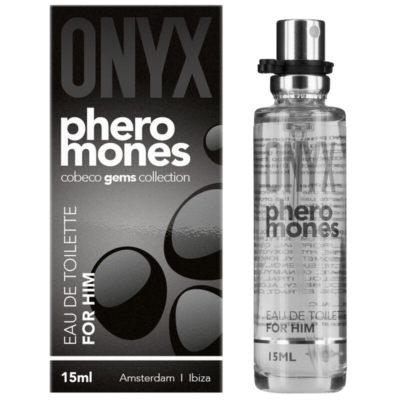 Frasco de COBECO Eau de Toilette Onyx Feromonas Masculinas 15ML, exibindo o design do produto.
