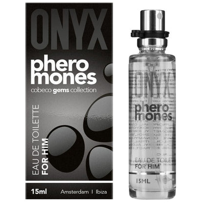 Frasco de COBECO Eau de Toilette Onyx Feromonas Masculinas 15ML, exibindo o design do produto.