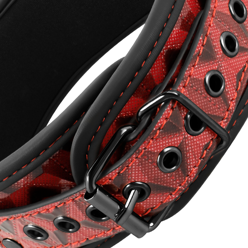 Close-up do Conjunto Bondage BEGME com Colar Vermelho, Braçadeiras e Pinças para Mamilos