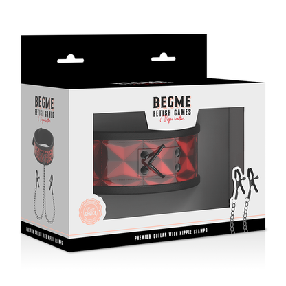 Close-up do Conjunto Bondage BEGME com Colar Vermelho, Braçadeiras e Pinças para Mamilos