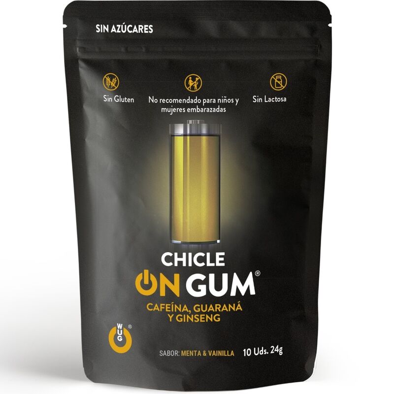 Detalhe da goma energética WUG GUM ON GUM com cafeína, ginseng e guaraná, embalagem de 10 unidades.