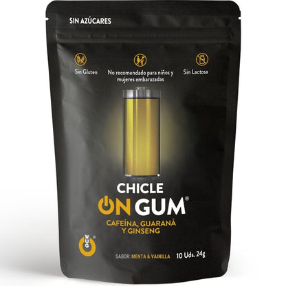 Detalhe da goma energética WUG GUM ON GUM com cafeína, ginseng e guaraná, embalagem de 10 unidades.