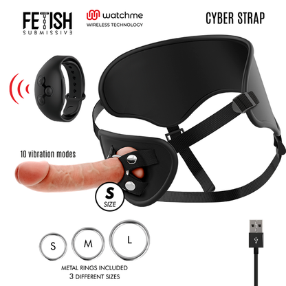 Imagem do arnês Fetish Submissive Cyber Strap com dildo realista e tecnologia WATCHME de controle remoto, mostrando detalhes e materiais.