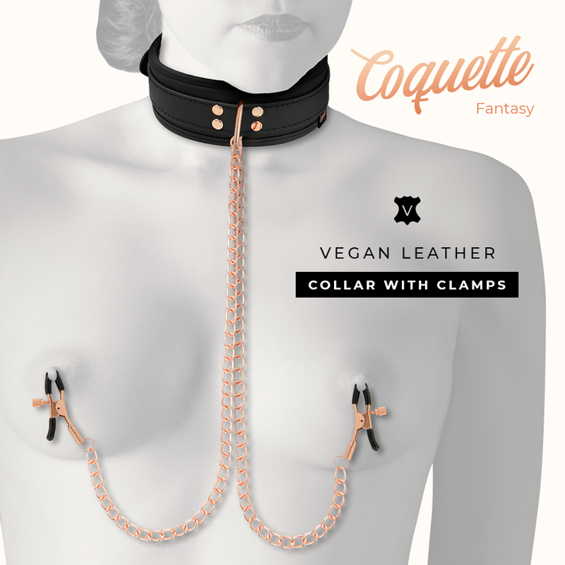 Close-up of the COQUETTE CHIC DESIRE Colar com Pinças de Mamilos e Forro de Neoprene, mostrando detalhes do couro vegano e das correntes.