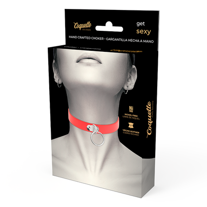 Coquette Chic Desire Colar Couro Vegano Vermelho Ajustável para BDSM e Fetish