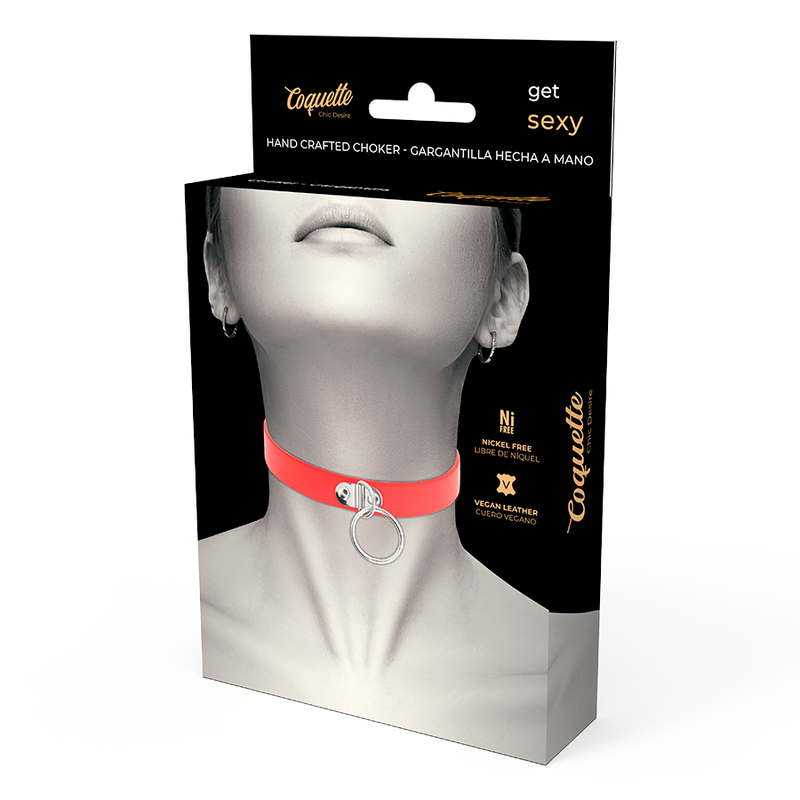 Coquette Chic Desire Colar Couro Vegano Vermelho Ajustável para BDSM e Fetish