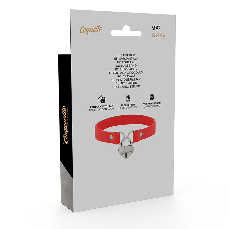 Colar Coquette Chic Desire de couro vegano vermelho com acessório de coração e chave