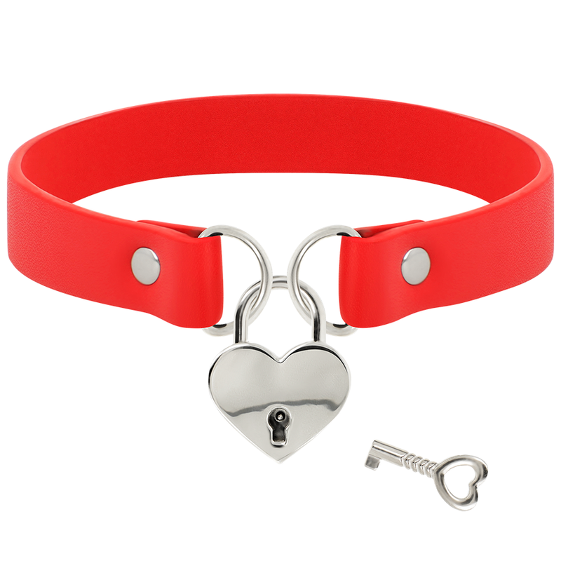 Colar Coquette Chic Desire de couro vegano vermelho com acessório de coração e chave