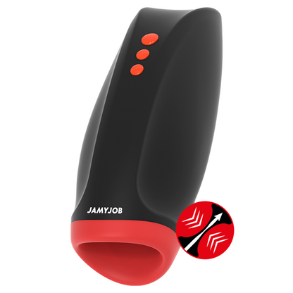 Close-up do masturbador masculino JAMYJOB Novax com vibração e compressão, mostrando seu design elegante e textura realista.