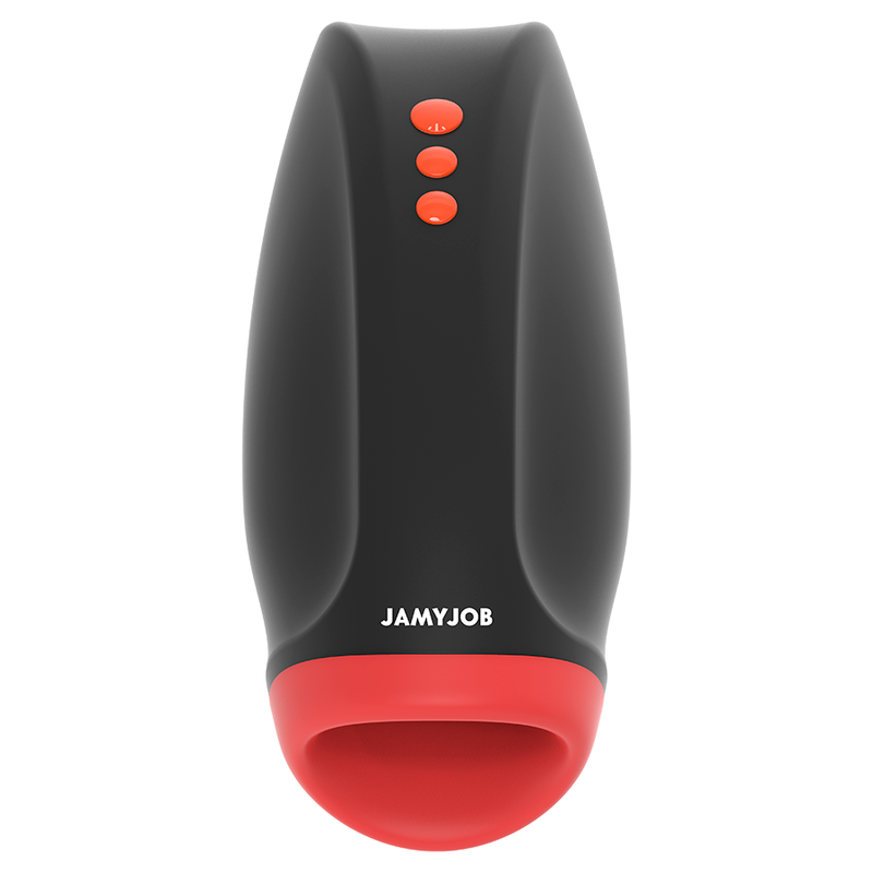 Close-up do masturbador masculino JAMYJOB Novax com vibração e compressão, mostrando seu design elegante e textura realista.