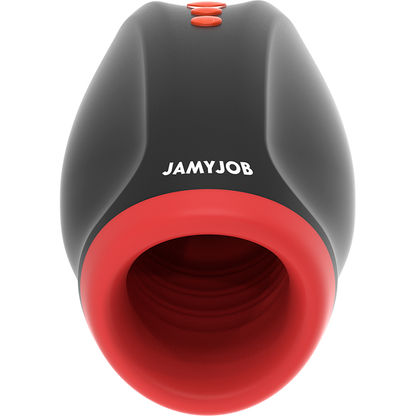 Close-up do masturbador masculino JAMYJOB Novax com vibração e compressão, mostrando seu design elegante e textura realista.