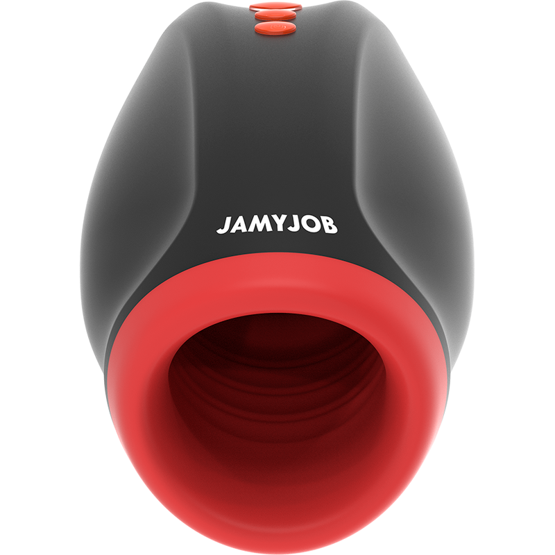 Close-up do masturbador masculino JAMYJOB Novax com vibração e compressão, mostrando seu design elegante e textura realista.