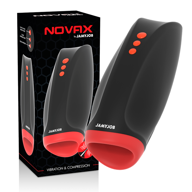 Close-up do masturbador masculino JAMYJOB Novax com vibração e compressão, mostrando seu design elegante e textura realista.