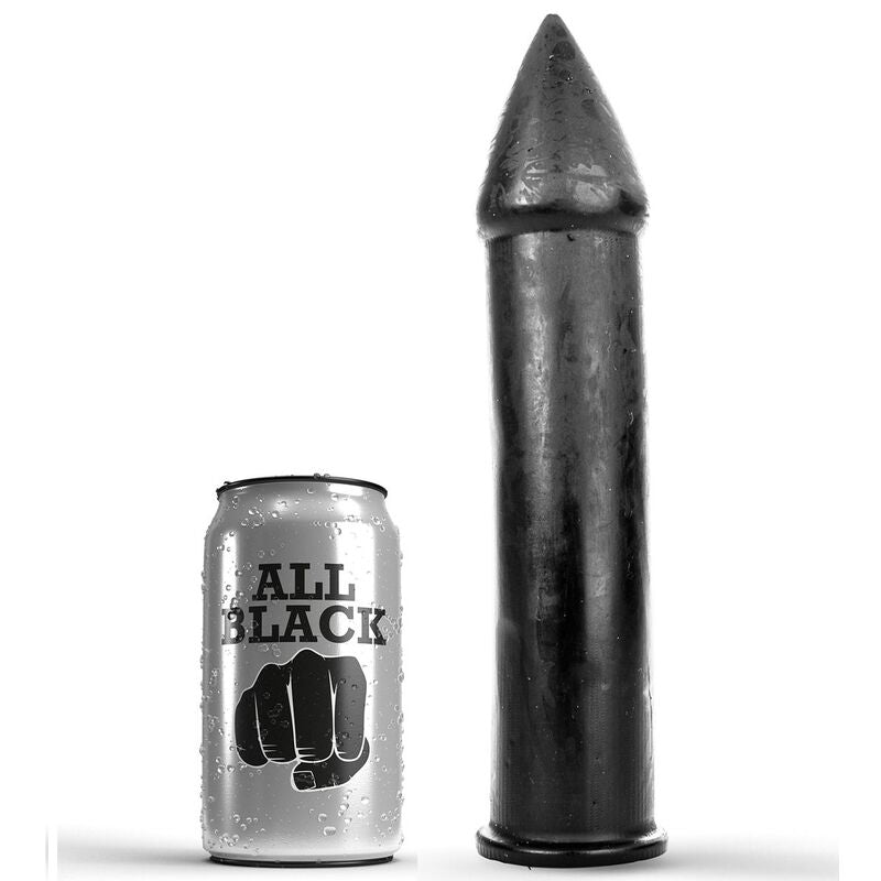 ALL BLACK Dildo Clássico 24 cm, em material suave e acabamento preto.