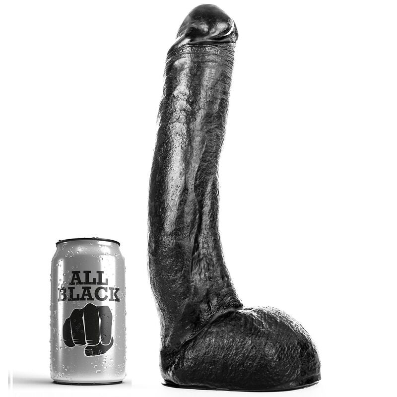 ALL BLACK Dildo Curvo Preto 29 CM, detalhe da sua forma realista e material flexível.