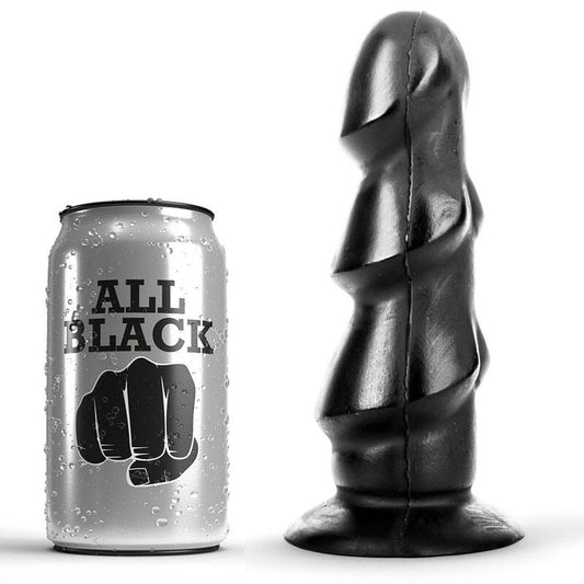 Close-up of the ALL BLACK Dildo 17cm with its unique textured design.