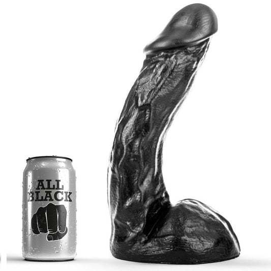 ALL BLACK Vibrador Ergonómico Curvo 28cm para estimulação G-Spot e anal, em PVC preto.