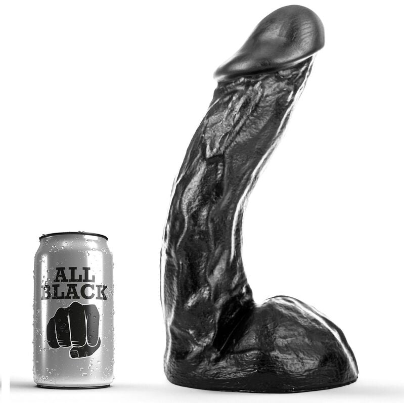 ALL BLACK Vibrador Ergonómico Curvo 28cm para estimulação G-Spot e anal, em PVC preto.