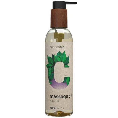 Frasco de COBECO BIO Óleo de Massagem Natural Vegano 150 ML com detalhe da textura do óleo.