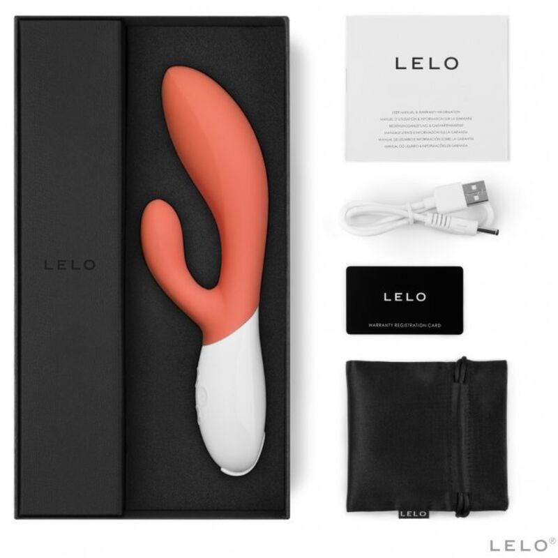 Close-up do Vibrador de Coelho LELO INA 3 cor Coral, realçando os seus estimuladores de dupla ação e design ergonómico.