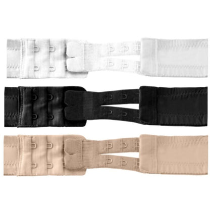 Close-up do Extensor de Contorno Flexível BYE-BRA para sutiãs de 2 ganchos, cores branco, preto e bege.