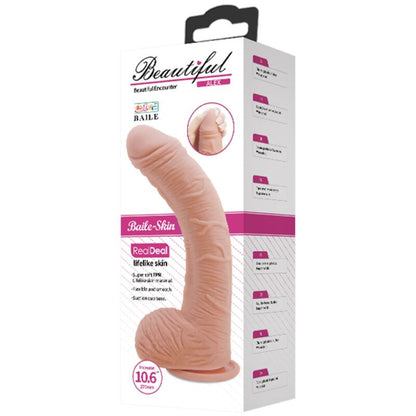 BAILE Dildo Pele Realista Alex Curvo 27 CM com Ventosa Forte, detalhe da textura e curvatura.