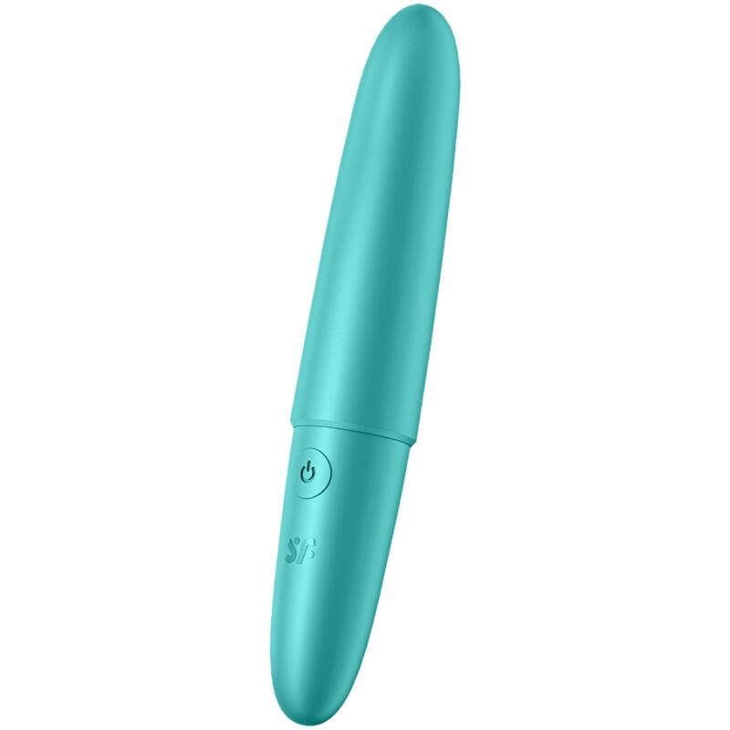 Close-up do Satisfyer Ultra Power Bullet 6 Mini Vibrador Potente Turquesa, destacando seu design compacto e material de silicone.