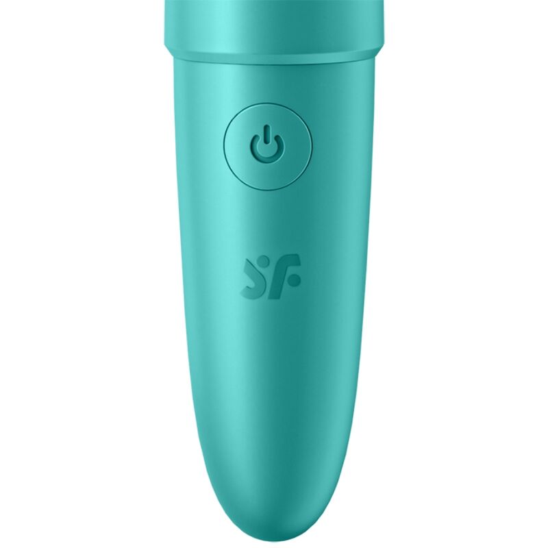 Close-up do Satisfyer Ultra Power Bullet 6 Mini Vibrador Potente Turquesa, destacando seu design compacto e material de silicone.