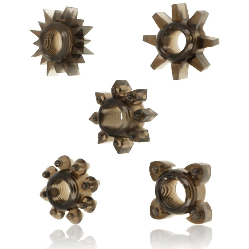 OHMAMA Conjunto de 5 Anéis de Silicone para Pénis e Testículos, mostrando a flexibilidade e o material seguro para o corpo.