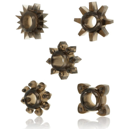 OHMAMA Conjunto de 5 Anéis de Silicone para Pénis e Testículos, mostrando a flexibilidade e o material seguro para o corpo.