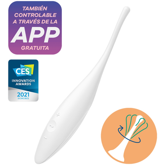 Close-up of the Satisfyer Vibrador Twirling Joy Clit Tip Branco, highlighting its silicone texture and ergonomic design.