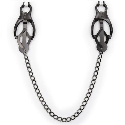 Close-up of the Ohmama Fetish Pinças para Mamilos com Corrente Preta showing its design and metallic finish.