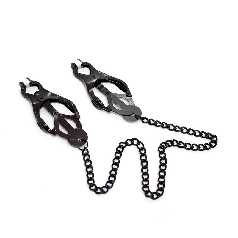 Close-up of the Ohmama Fetish Pinças para Mamilos com Corrente Preta showing its design and metallic finish.