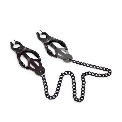 Close-up of the Ohmama Fetish Pinças para Mamilos com Corrente Preta showing its design and metallic finish.