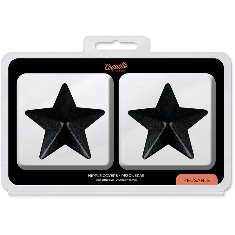 Close-up das Coberturas para Mamilos COQUETTE CHIC DESIRE Black Stars, destacando o design em estrela e material.